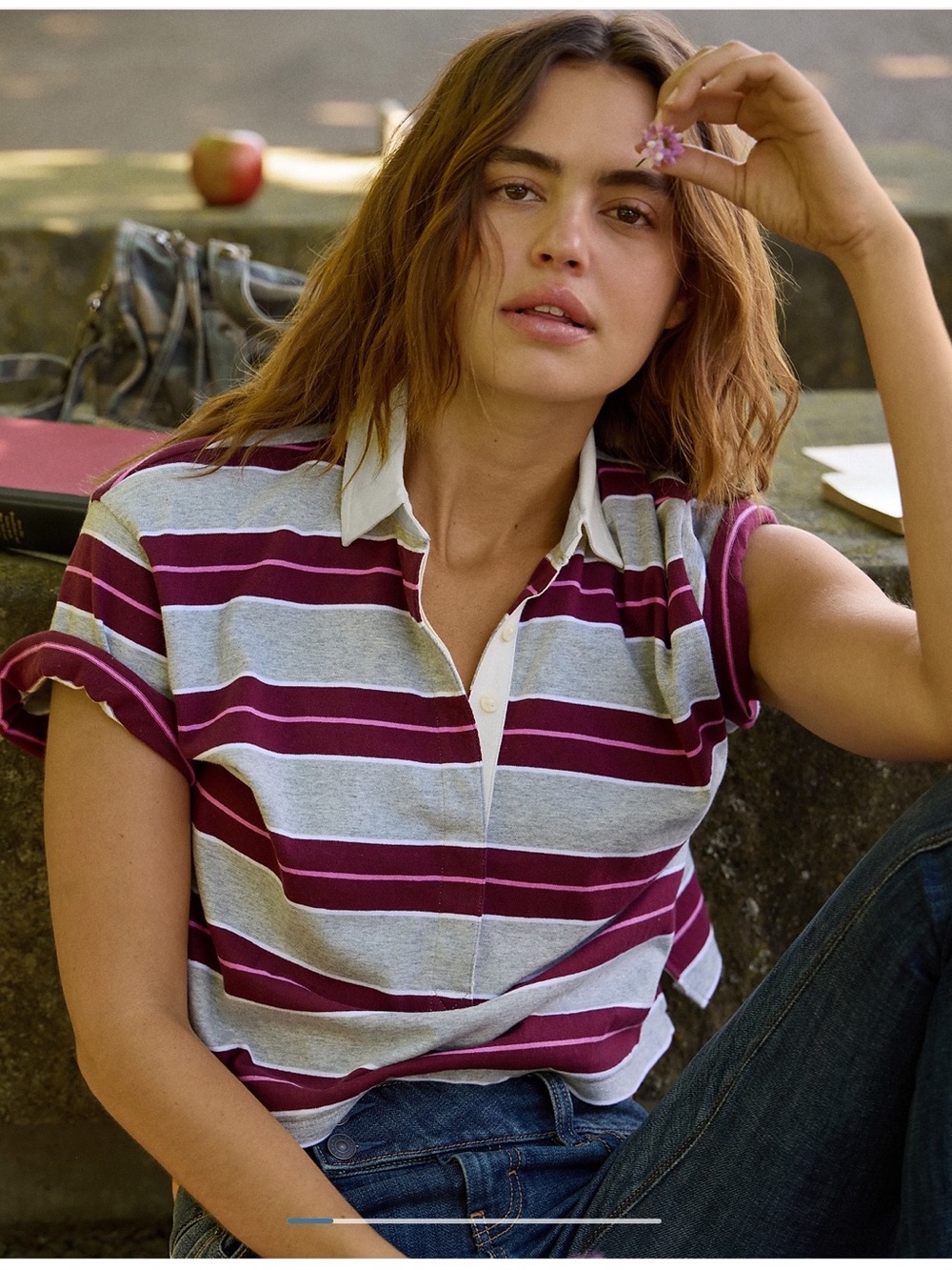 American Eagle NWOT Striped Rugby Polo T-Shirt Size Large in Light Heather Gray